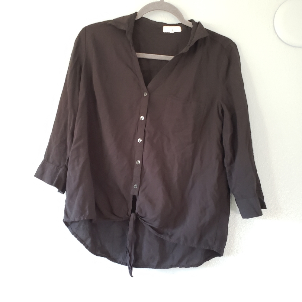Rosette black button tie front blouse